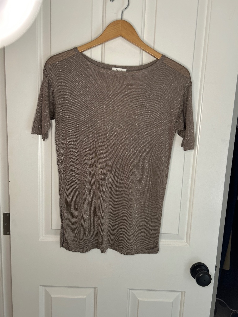 Reiss Women's Metallic Knit Short Sleeve Shirt Top - Size Small - Taupe